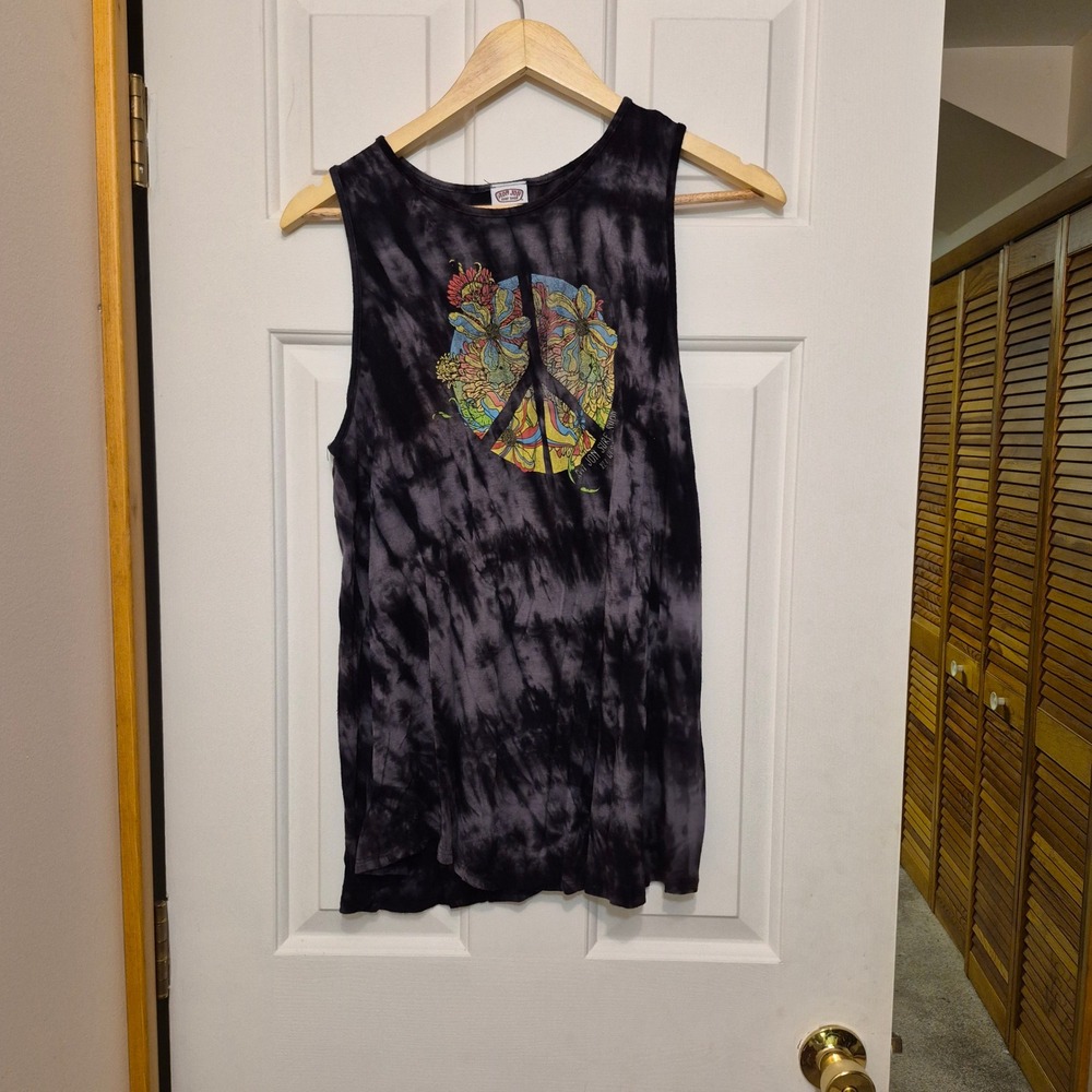 Ron Jon Surf Shop Key West Tie Dye Muscle Tank Peace Sign Floral Black Gray S
